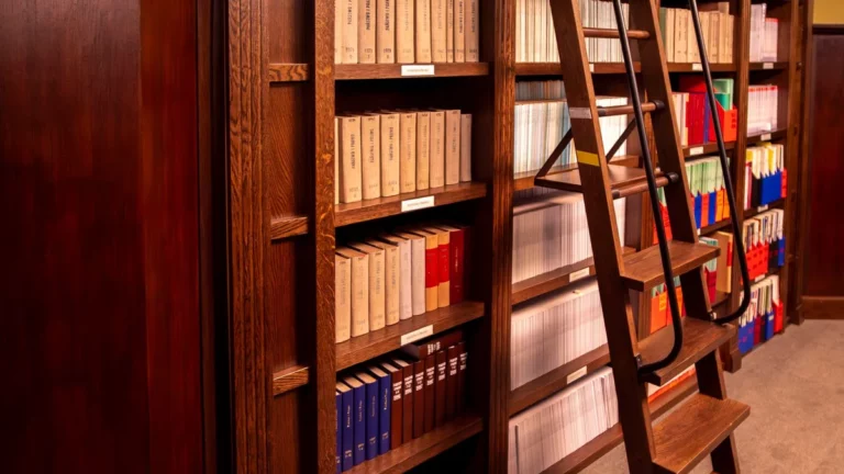 Drewniane regały biblioteki prawniczej z drabiną
